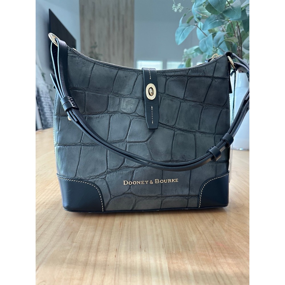 Dooney & Bourke Crocodile Embossed Hobo Shoulder Bag Gray Green Clasp Logo Gold